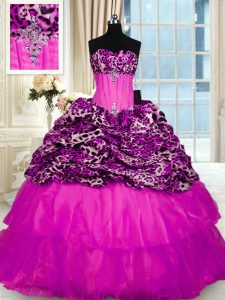 Printed Sleeveless Sweep Train Lace Up Beading and Ruffled Layers and Sequins Vestidos de Quinceanera