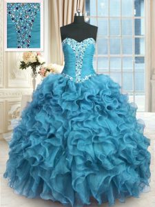 Custom Made Floor Length Lace Up 15 Quinceanera Dress Baby Blue for Military Ball and Sweet 16 and Quinceanera with Bead