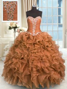 Cute Brown Sleeveless Beading and Ruffles Floor Length Quinceanera Gowns