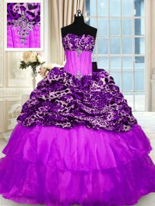 Ruffled Strapless Sleeveless Sweep Train Lace Up Quinceanera Dresses Purple Organza and Printed