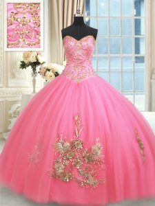 Rose Pink Ball Gowns Tulle Sweetheart Sleeveless Beading and Appliques and Embroidery Floor Length Lace Up 15th Birthday