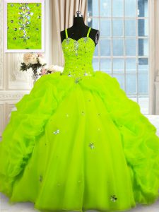 Inexpensive Floor Length Lace Up Quinceanera Dress Yellow Green for Military Ball and Sweet 16 and Quinceanera with Bead