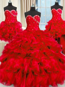 Four Piece Red 15 Quinceanera Dress Military Ball and Sweet 16 and Quinceanera and For with Beading and Ruffles and Ruch