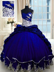 Top Selling Royal Blue Sweetheart Neckline Beading and Appliques and Pick Ups Quinceanera Gown Sleeveless Lace Up