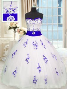 Floor Length White 15 Quinceanera Dress Tulle Sleeveless Embroidery and Belt