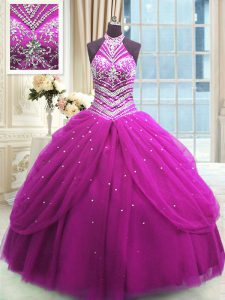 Traditional Fuchsia Vestidos de Quinceanera Military Ball and Sweet 16 and Quinceanera and For with Beading High-neck Sl