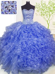 Floor Length Lace Up 15th Birthday Dress Blue for Military Ball and Sweet 16 and Quinceanera with Beading and Ruffles an