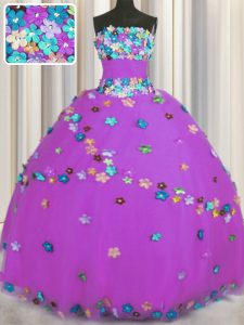 Sleeveless Lace Up Floor Length Hand Made Flower 15th Birthday Dress