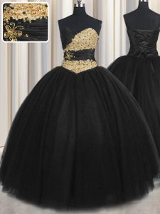 On Sale Black Tulle Lace Up Quinceanera Gown Sleeveless Floor Length Beading and Appliques and Ruching and Belt