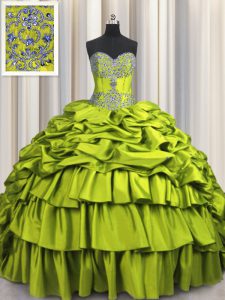 Brush Train Olive Green Lace Up Sweetheart Beading and Embroidery and Ruffled Layers and Pick Ups Vestidos de Quinceaner