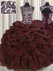 See Through Burgundy Lace Up Vestidos de Quinceanera Beading and Pick Ups Sleeveless Floor Length