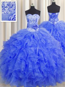 Handcrafted Flower Royal Blue Organza Lace Up Sweetheart Sleeveless Floor Length Vestidos de Quinceanera Beading and Ruf