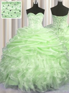 Hot Selling Yellow Green Sweetheart Neckline Beading and Ruffles and Pick Ups Quinceanera Gowns Sleeveless Lace Up