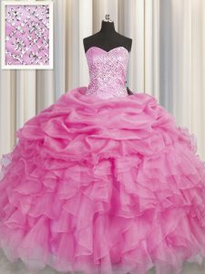 Sleeveless Floor Length Beading and Ruffles Lace Up Quinceanera Dress with Rose Pink