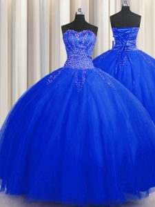 Puffy Skirt Royal Blue Sleeveless Beading Floor Length Quinceanera Gown