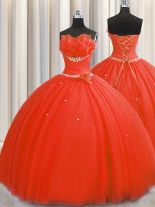 Flirting Handcrafted Flower Floor Length Ball Gowns Sleeveless Coral Red Vestidos de Quinceanera Lace Up