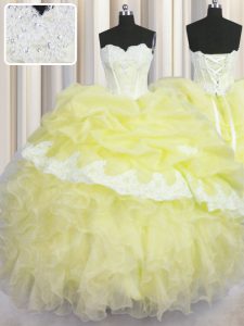 New Style Sleeveless Organza Floor Length Lace Up Quinceanera Gowns in Light Yellow with Beading and Appliques and Ruffl