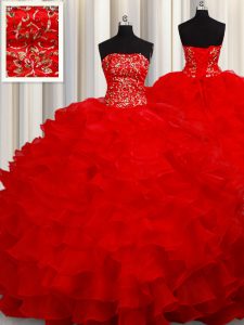 Sleeveless Floor Length Beading and Embroidery and Ruffles Lace Up Quince Ball Gowns with Red