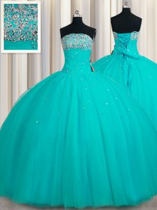 Popular Sequins Aqua Blue Sleeveless Tulle Lace Up 15th Birthday Dress for Military Ball and Sweet 16 and Quinceanera