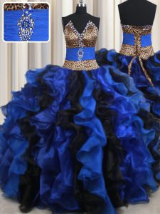 Blue And Black Strapless Neckline Beading and Ruffles Quince Ball Gowns Sleeveless Lace Up