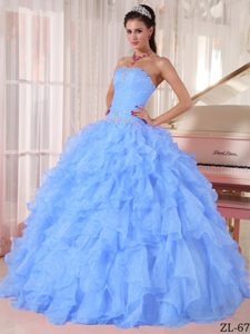 Beautiful Strapless Long Beaded Organza Sweet 15 Dress in Light Blue