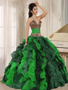 V-neck Multi-colored Leopard Quinceanera Dresses with Beading and Ruffles