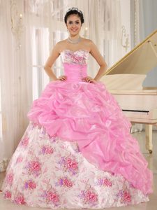 Baby Pink Printed Sweetheart Dresses for Quince with Pick-ups and Beading