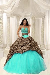 Slot Neckline Turquoise and Leopard Quinceanera Dress with Pick-ups on Sale