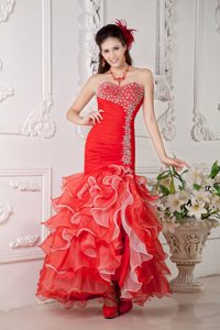 Red Mermaid Sweetheart Ankle-length Organza Evening Celebrity Dress with Ruffles