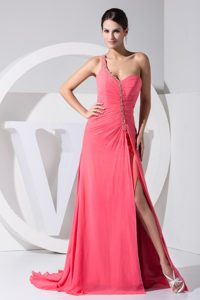 Watermelon Evening Dress Under 100 with Slit on The Side and Beading