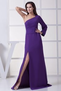 Ruched Purple Womens Evening Dress with One Long Sleeve and High Slit