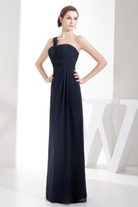 Hot One Shoulder Navy Blue Evening Dress Patterns with Ruche