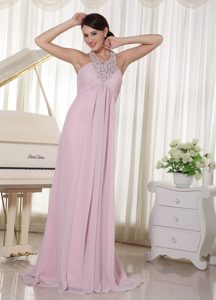 Baby Pink Halter Beaded Brush Train Prom Dresses for Cheap