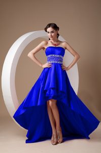 Beautiful High Low Royal Blue A-line Beaded Prom Dresses with Strapless