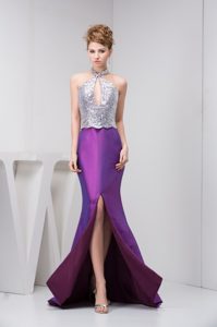 Cheap Silver and Eggplant Purple Prom Attire with Cutout and Brush Train