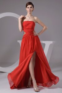 Strapless High Slit Chiffon Prom Dress with Cutout Waist and Ruching for Cheap