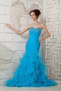 Popular Blue Sweetheart Organza Beaded Prom Formal Dresses for Custom Made