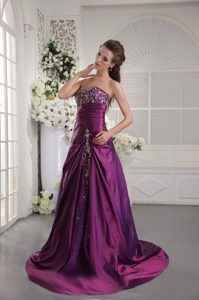 Embroidery and Ruched Purple Designer Evening Dress with Brush Train
