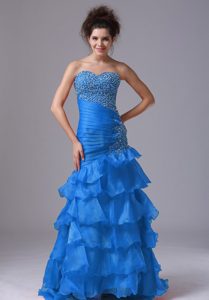 Sexy Aqua Blue Mermaid Party Prom Dress in Organza with Beading and Ruffled Layers