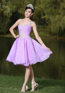 Lavender Knee-length Prom Cocktail Dress in Organza with Beading with One Shoulder
