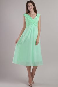 Apple Green V-neck Tea-length Ruched Chiffon Prom Dress for Summer Holiday