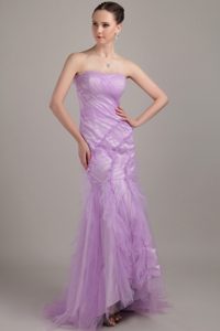 Lavender Mermaid Strapless Brush Train Ruched Tulle Prom Homecoming Dress