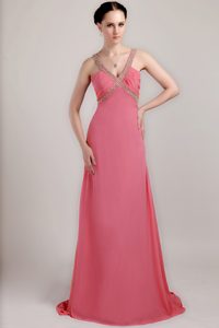 Watermelon V-neck Brush Train Ruched Beaded Chiffon Prom Dress for Party