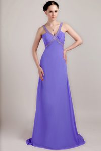 V-neck Brush Train Ruched Purple Chiffon Prom Evening Dresses with Beading