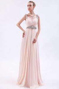 Pretty Baby Pink Straps Long Ruched Chiffon Prom Dress with Beading