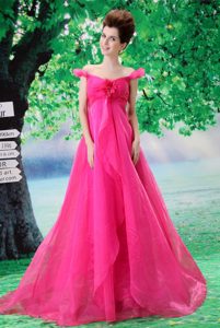 off-the-shoulder Brush Train Hot Pink Organza Prom Pageant Dress with Flower