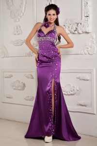 Halter Brush Train Mermaid Purple Prom Celebrity Dress with Beading and Slit
