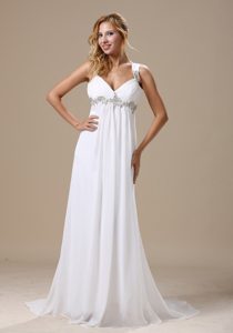 Brand New Straps Brush Train Ruched Chiffon Wedding Dress with Appliques