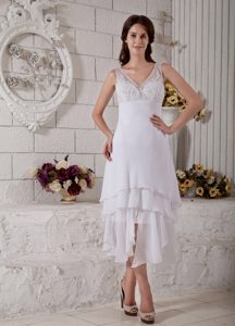 Straps V-neck Tea-length Layered Chiffon Dress for Wedding with Appliques