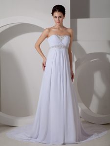 Strapless Court Train Ruched Chiffon Wedding Dress with Appliques on Sale